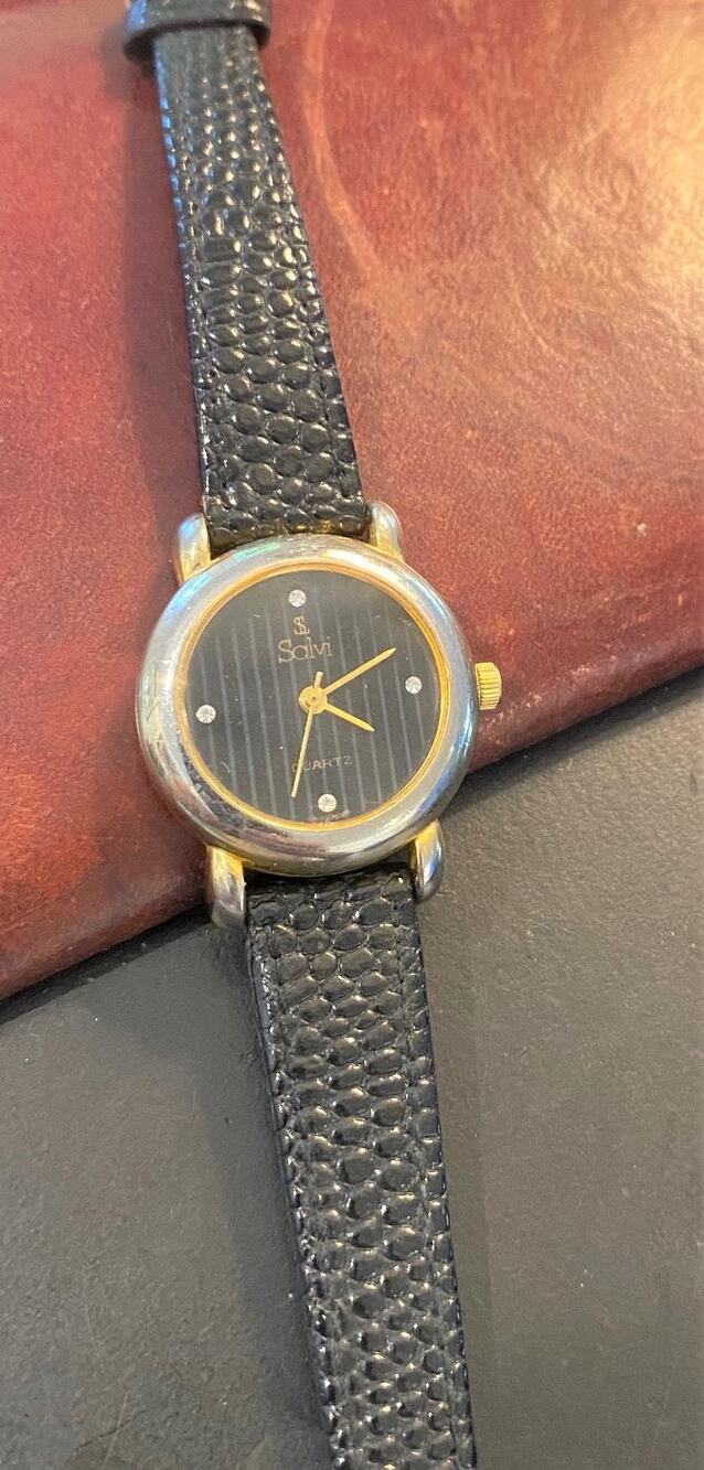 Women's Salvi Swiss Quartz Watch, Gold Tone with Black Leather Band